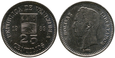 Венесуэла 25 сентимо 1989 KM 50a сталь плакированная никелем 4576-915