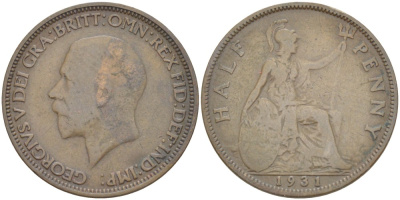 Великобритания 1/2 пенни 1931 Георг V (1910-1936) KM 837, Spink 4058 бронза 34-957