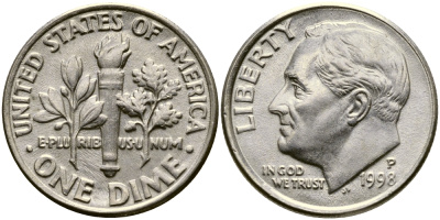 США 10 ЦЕНТОВ = 1 ДАЙМ 1998 P, РУЗВЕЛЬТ KM 195а медь плакированная медно-никелем 46-1042