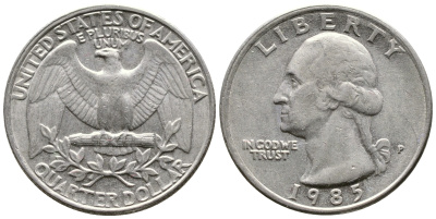 США 25 ЦЕНТОВ = КВОТЕР 1985 P, ВАШИНГТОН KM А164а медь плакированная медно-никелем 23-131