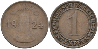 Германия 1 рентенпфенниг 1924 J KM 30, J. 306 бронза    4596-268