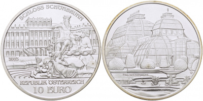 Австрия 10 евро 2003 Дворец Шенбрунн, здание парламента KM 3106 серебро  PROOF 1084-10-12