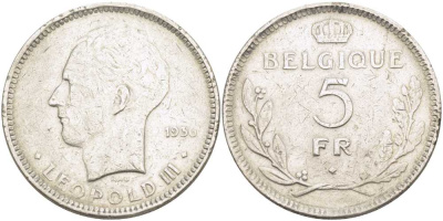 Бельгия 5 франков 1936 Леопольд III (1934-1951), Belgique KM 118 никель 3851-445