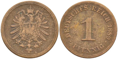 ГЕРМАНИЯ 1 ПФЕННИГ 1889 A, СТАРОГЕРБОВКА KM 1, J. 1, Weege 1 медь 206-1263