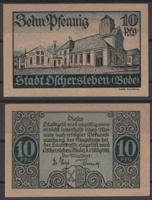 Ошерслебен 10 пфеннигов 1921 Mehl Grabowski 1028.3a-2/4 бумага UNC (пресс) 8613-50-1-2