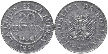 БОЛИВИЯ 20 СЕНТАВО 1991 KM 203 нержавеющая сталь 113-734