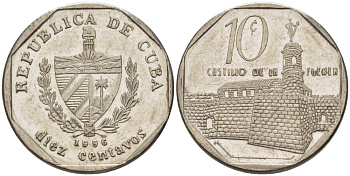 Куба 10 сентаво 1996 форт в Гаване Ла-Фуэрса KM 576.2 сталь плакированная никелем 66-666