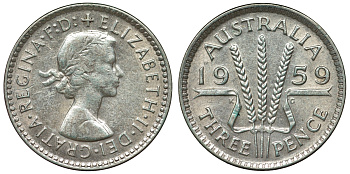 Австралия 3 пенса 1959 m, Елизавета II (1952-2022) KM 57 серебро 71-623