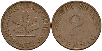 ФРГ 2 пфеннига 1972 G J.381a, KM 106a сталь плакированная медью    4598-817
