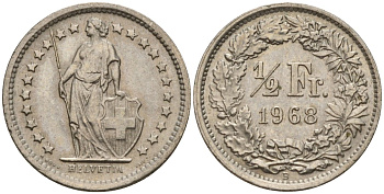 Швейцария 1/2 франка 1968 B KM 23a медно-никель 4189-437