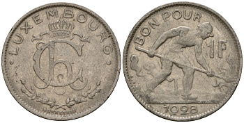 Люксембург 1 франк 1928 сталевар, Шарлотта (1918-1964) KM 35 никель 4603-1051