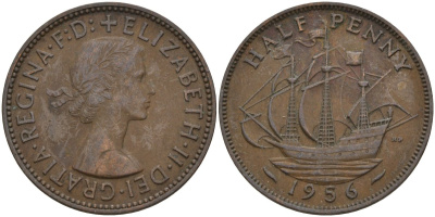 Великобритания 1/2 пенни 1956 Елизавета II (1952-2022) KM 896, Spink 4158 бронза 4146-253