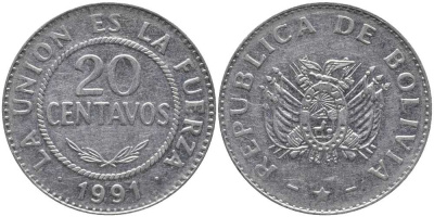 БОЛИВИЯ 20 СЕНТАВО 1991 KM 203 нержавеющая сталь 113-734