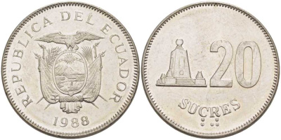 ЭКВАДОР 20 СУКРЕ 1988 МОНУМЕНТ KM 94.1 сталь плакированная никелем 58-226