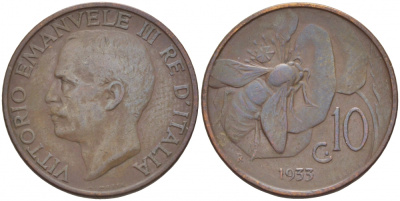 ИТАЛИЯ 10 ЧЕНТЕЗИМО 1933 R, ВИКТОР ИММАНУИЛ, ПЧЕЛА KM 60 медь 4548-116