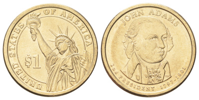 США 1 доллар 2007 Президент США - Джон Адамс (1797-1801) KM 402 медь с марганцево-латунным покрытием UNC 4666-943
