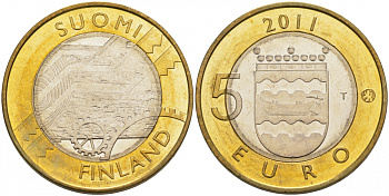 Финляндия 5 евро 2011 серия исторические регионы Финляндии, Уусимаа KM 160 биметалл UNC 1527-721 M2-17