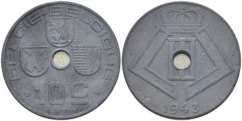 БЕЛЬГИЯ 10 САНТИМОВ 1943 BELGIE-BELGIQUE KM 126 цинк 4448-114