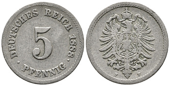 ГЕРМАНИЯ 5 ПФЕННИГОВ 1888 F, СТАРОГЕРБОВКА KM 3, J. 3 медно-никель 39-418