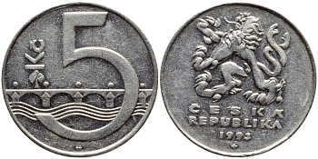Чехия 5 крон 1993 чешский лев, Карлов мост KM 8 сталь плакированная никелем 4397-411