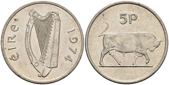 Ирландия 5 пенсов 1974 бык KM 22 медно-никель 4146-525