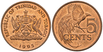 Тринидад и Тобаго 5 центов 1995 райская птица KM 30, Schoen 29 сталь плакированная бронзой 4118-333