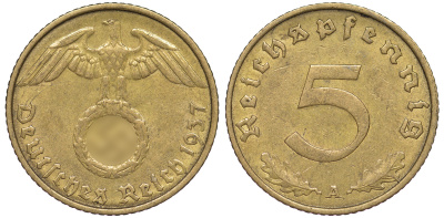 Германия 5 рейхспфеннигов 1937 A KM 91, J. 363 алюминиевая бронза 4602-1251
