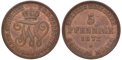 Мекленбург-Шверин 5 пфеннигов 1872 B, Фридрих Франц II (1842-1883) KM 317 (C104), Jaeger 62, AKS 45 медь 1523-921