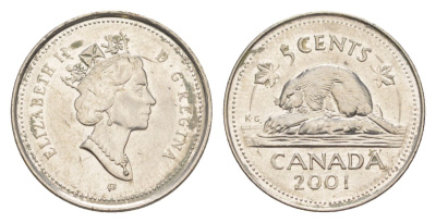 Канада 5 центов 2001 Елизавета II (1952-2022), бобр KM 182b сталь плакированная никелем aUNC 4630-752