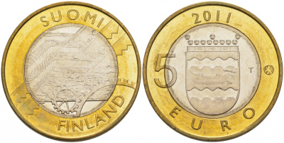 Финляндия 5 евро 2011 серия исторические регионы Финляндии, Уусимаа KM 160 биметалл UNC 1527-721 M2-17