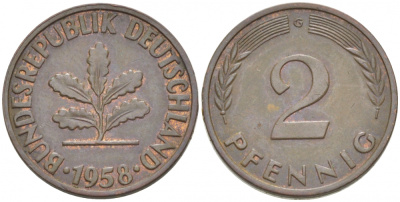 ФРГ 2 ПФЕННИГА 1958 G KM 106, J. 381 бронза 3955-617