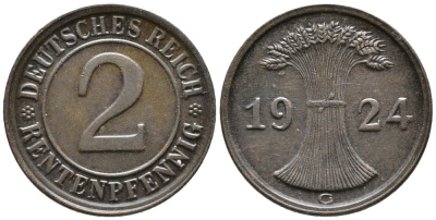 ГЕРМАНИЯ 2 РЕНТЕНПФЕННИГА 1924 G KM 31, J. 307 бронза 24-653