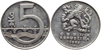 Чехия 5 крон 1993 чешский лев, Карлов мост KM 8 сталь плакированная никелем 4397-411