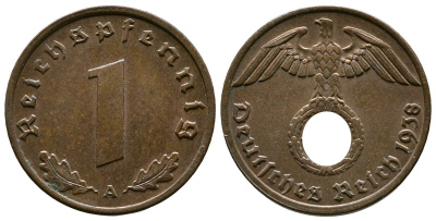 Германия 1 рейхспфенниг 1938 A KM 89, J. 361 бронза    220-322