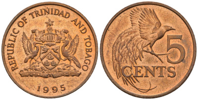 Тринидад и Тобаго 5 центов 1995 райская птица KM 30, Schoen 29 сталь плакированная бронзой 4118-333
