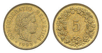 Швейцария 5 раппенов 1993 B KM 26c алюминиевая бронза 4609-365