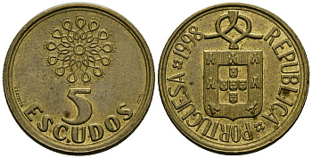 Португалия 5 эскудо 1998 KM 632 никелевая латунь 4176-1235