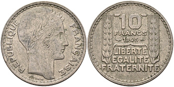 Франция 10 франков 1945 RL, тип Пьер Турин KM 908.1, Le Franc 361.2 медно-никель 4590-734