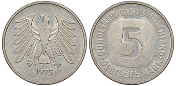 ФРГ 5 марок 1975 F, монетный двор Штутгарт КМ 140.1, J. 415 медно-никель плакированный никелем 4137-1025