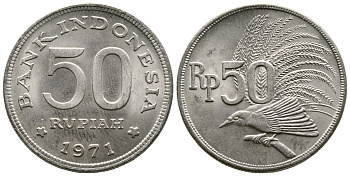 Индонезия 50 рупий 1971 райская птица KM 35 медно-никель UNC 89-556