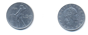 Италия 50 лир 1956 R, бог огня Вулкан у наковальни KM 95.1 нержавеющая сталь 54-1312