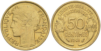 ФРАНЦИЯ 50 САНТИМОВ 1941 ТИП MORLON KM 894.1, LE FRANC 192.18 алюминиевая бронза 44-517