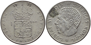 Швеция 1 крона 1973 Густав VI Адольф (1950-1973) KM 826а медь плакированная медно-никелем 4395-1153