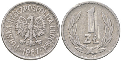 Польша 1 злотый 1967 MW, самый редкий год выпуска - 1002000 Y 49.1 алюминий 4616-747