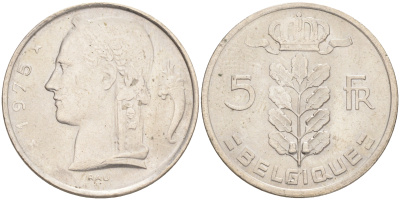 БЕЛЬГИЯ 5 ФРАНКОВ 1975 BELGIQUE KM 134.1 медно-никель 4556-552