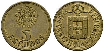 Португалия 5 эскудо 1998 KM 632 никелевая латунь 4176-1235