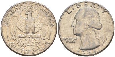 США 25 центов (квотер) 1981 D, Джордж Вашингтон KM 164a медь плакированная медно-никелем 4114-825