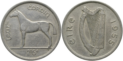ИРЛАНДИЯ 1/2 КРОНЫ - 2 ШИЛЛИНГА 6 ПЕНСОВ 1955 ЛОШАДЬ KM 16а медно-никель 3457-244
