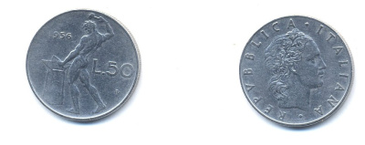 Италия 50 лир 1956 R, бог огня Вулкан у наковальни KM 95.1 нержавеющая сталь 54-1312