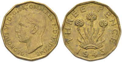 Великобритания 3 пенса 1943 Георг VI (1936-1952) KM 849, Spink 4112 никель латунь 175-616